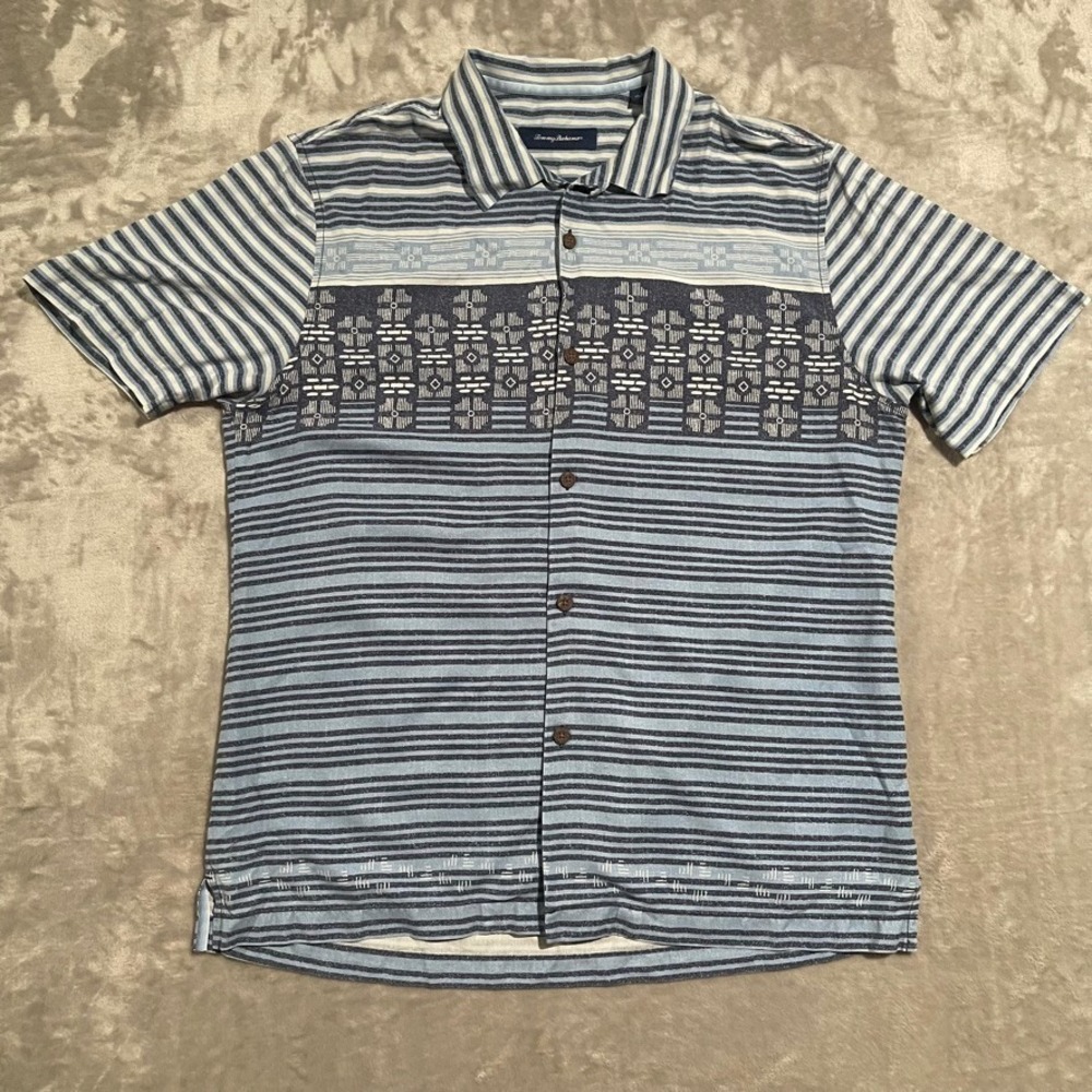 Tommy Bahama Shirt Mens Large Blue Hawaiian Silk Button Up Beach Camp